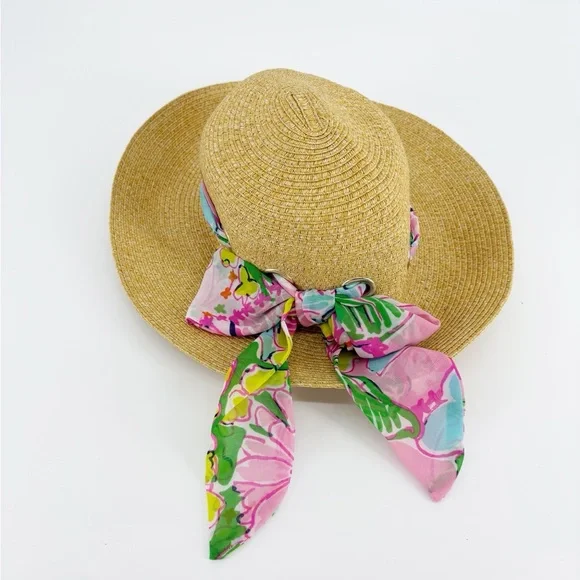 Lilly Pulitzer Straw Hat with Pink and Green Floral Scarf 014814_resortwhite-sf?$  main image 3